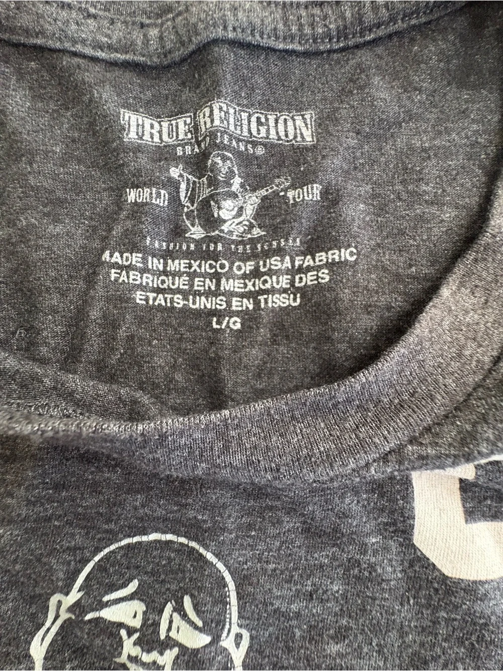 True Religion Charcoal Graphic Tee with Buddha Guitar and '02